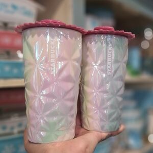 2X Starbucks 2023 Iridescent Pink Peppermint Faceted Ceramic Tumblers 12OZ